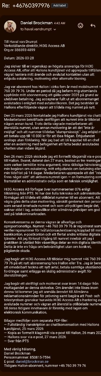 Daniel's formal complaint to the CEO of Hi3G Access AB at 4:43 AM